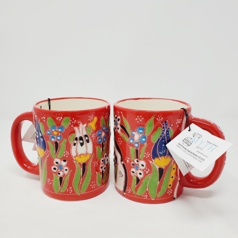 Handmade Ceramic Myth Arts Red Glazed Colorful Coffee Mugs Set